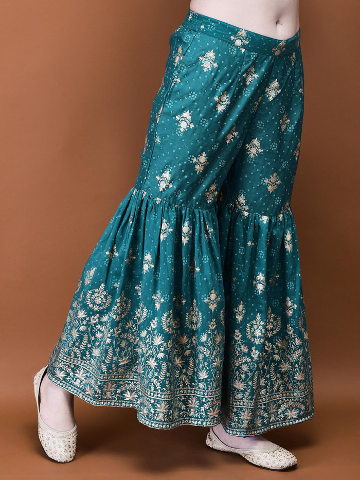 Women Liva (Viscose) Turquoise Blue Foil Print Kurta Sharara Dupatta.