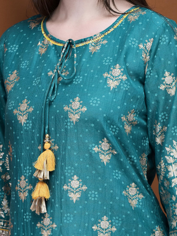 Women Liva (Viscose) Turquoise Blue Foil Print Kurta Sharara Dupatta.