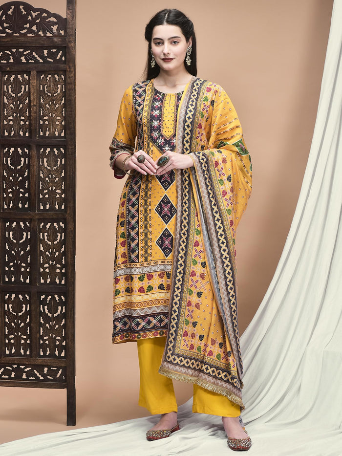 Women Liva Yellow Ornamental Print Kurta Comfort Pant Dupatta.
