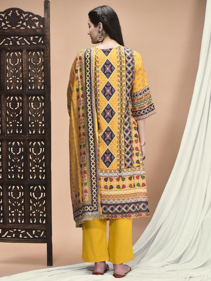 Women Liva Yellow Ornamental Print Kurta Comfort Pant Dupatta.