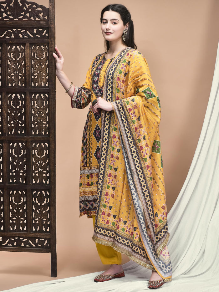 Women Liva Yellow Ornamental Print Kurta Comfort Pant Dupatta.