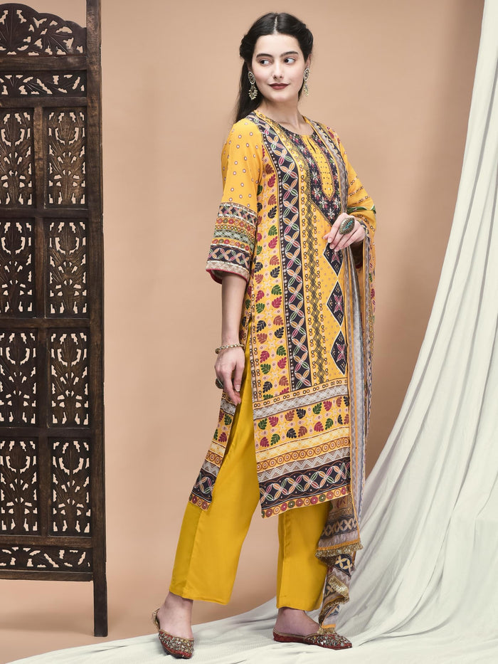 Women Liva Yellow Ornamental Print Kurta Comfort Pant Dupatta.
