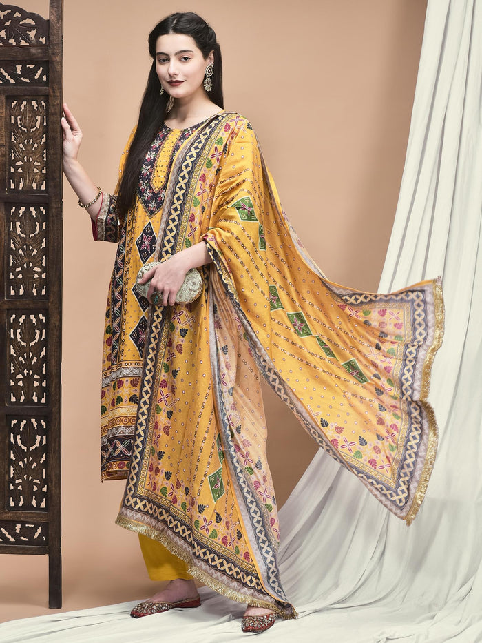 Women Liva Yellow Ornamental Print Kurta Comfort Pant Dupatta.