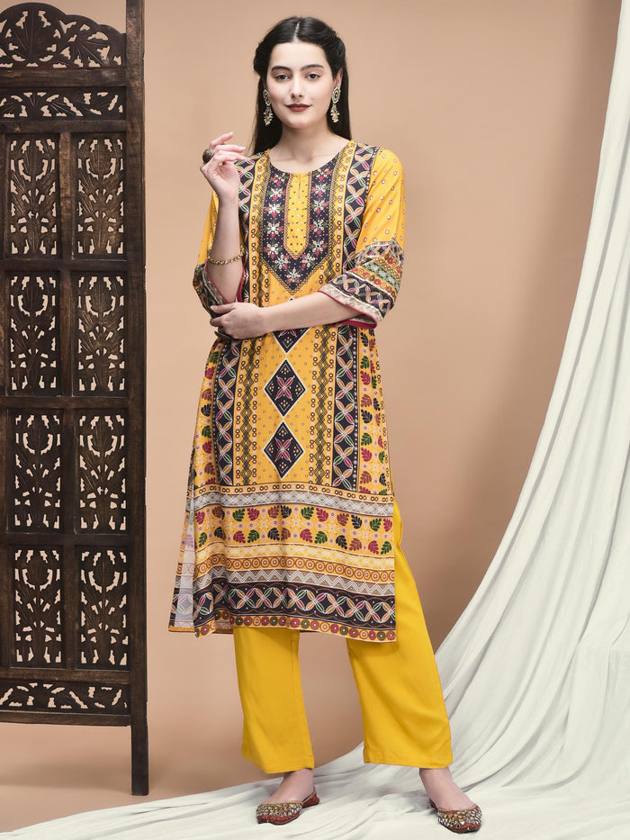 Women Liva Yellow Ornamental Print Kurta Comfort Pant Dupatta.