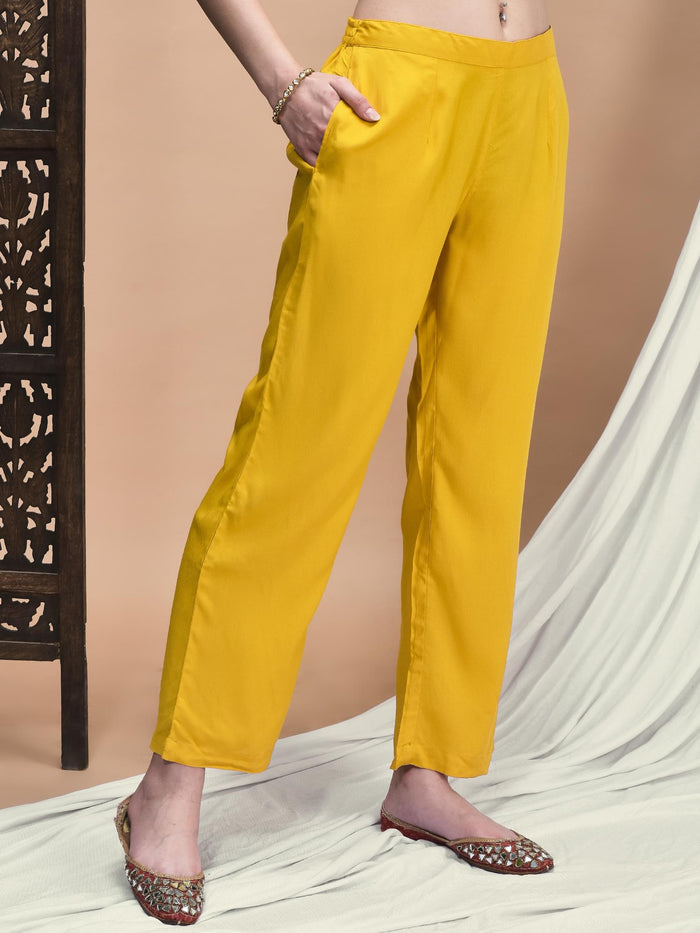 Women Liva Yellow Ornamental Print Kurta Comfort Pant Dupatta.