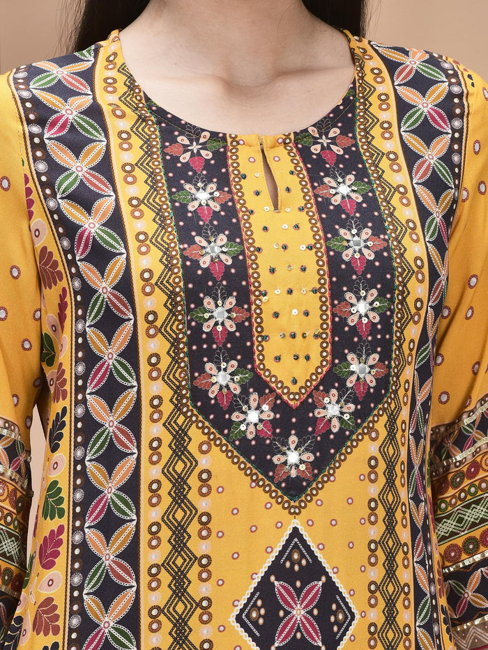 Women Liva Yellow Ornamental Print Kurta Comfort Pant Dupatta.