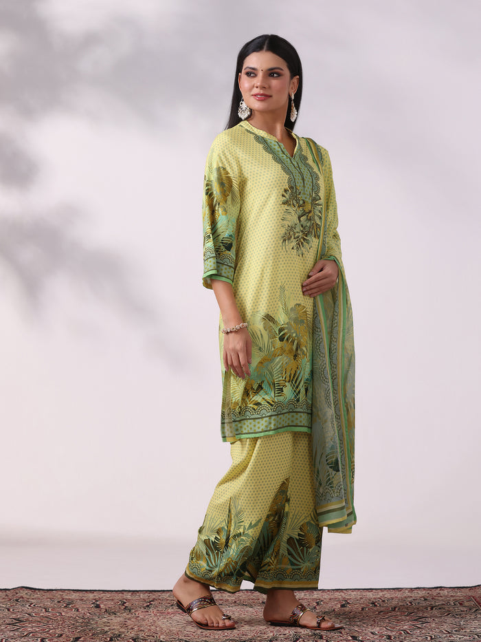 Women Liva Yellow Printed Kurta Comfort Pant Dupatta