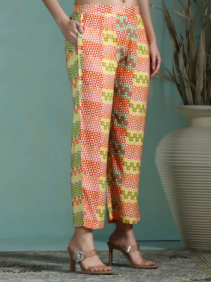 Women Liva Yellow Printed Kurta With Comfort Pant.