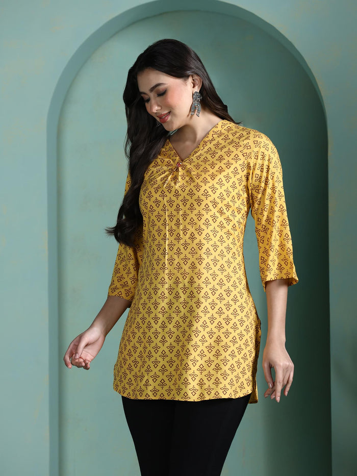 Women Liva Yellow Printed Tunic.