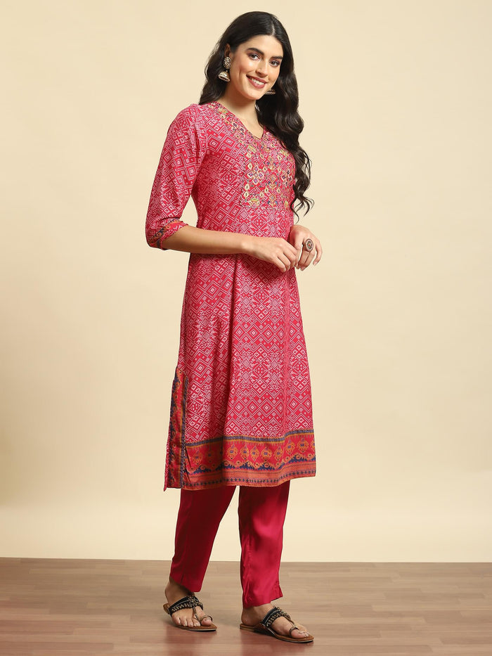 Women Magenta Embroidered Kurta Trouser Dupatta.