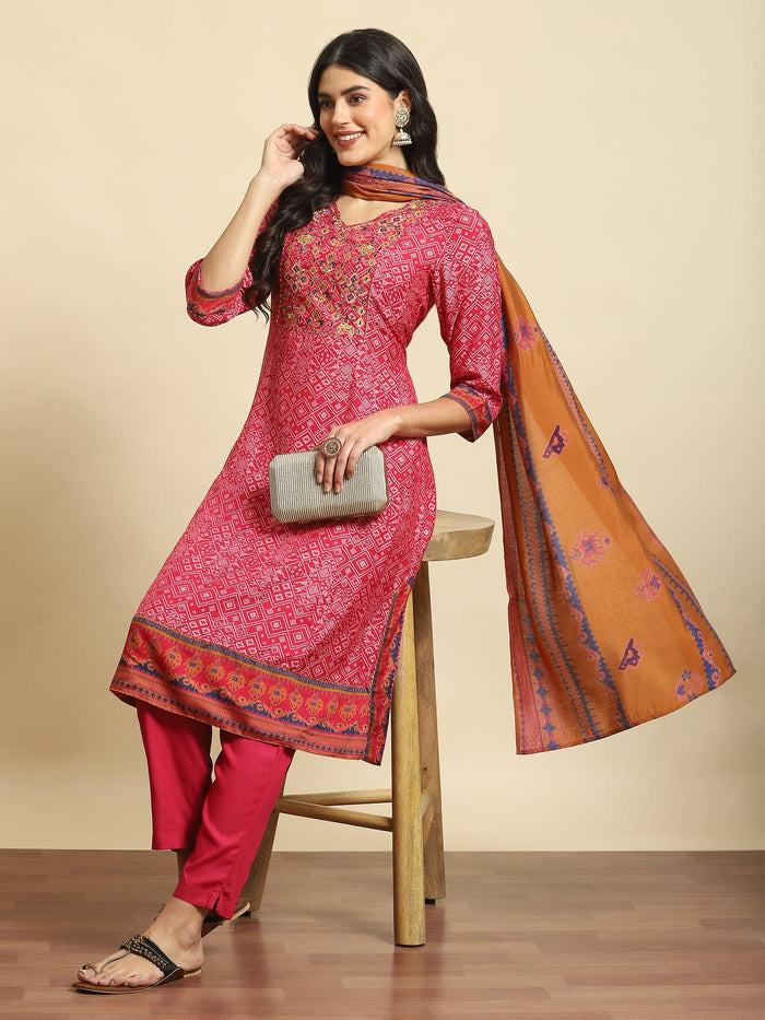 Women Magenta Embroidered Kurta Trouser Dupatta.
