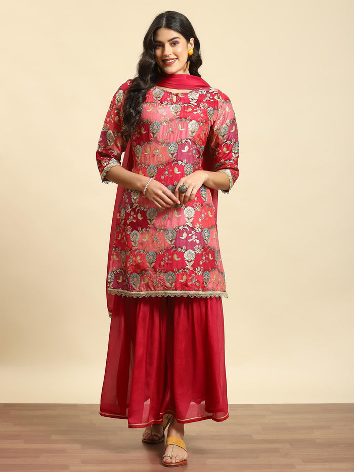 Women Magenta Floral Print Kurta Sharara Dupatta.