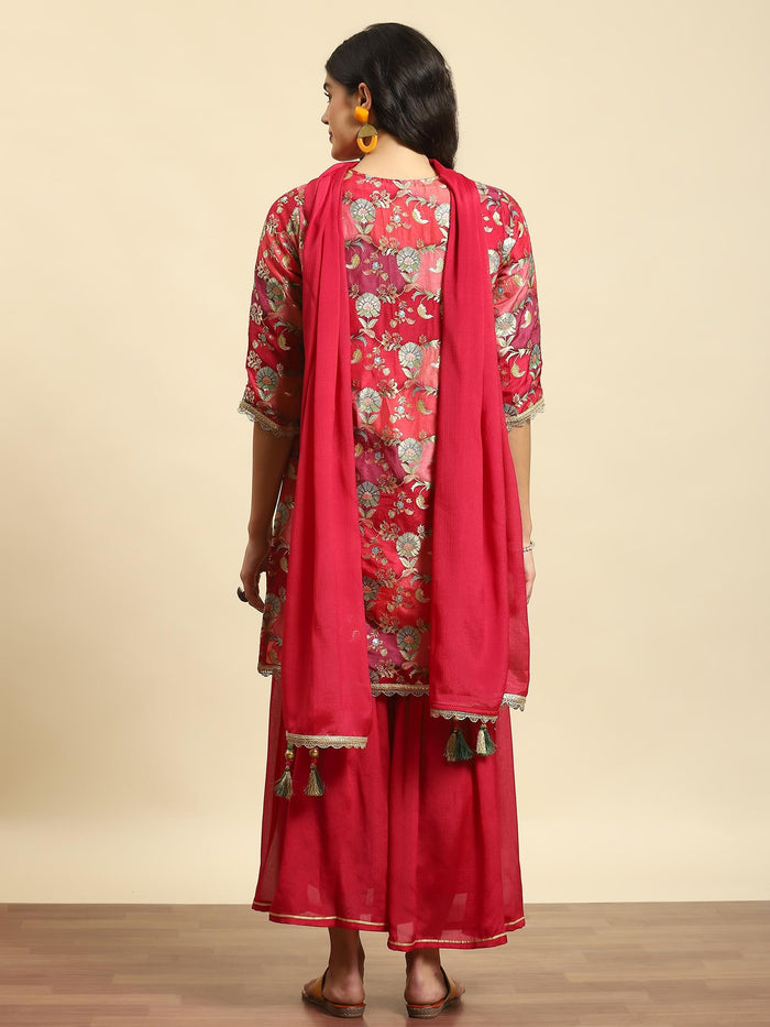 Women Magenta Floral Print Kurta Sharara Dupatta.