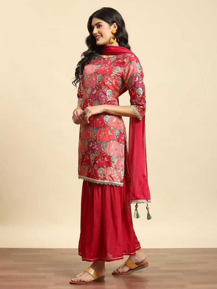 Women Magenta Floral Print Kurta Sharara Dupatta.