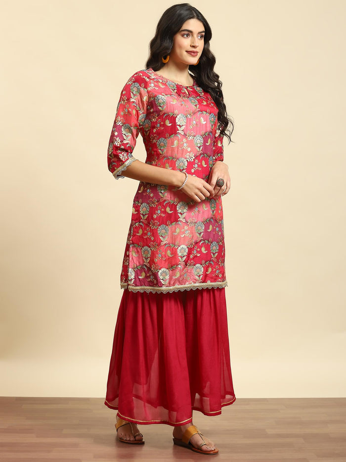 Women Magenta Floral Print Kurta Sharara Dupatta.