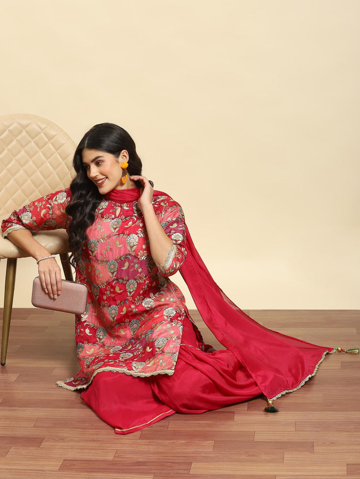 Women Magenta Floral Print Kurta Sharara Dupatta.