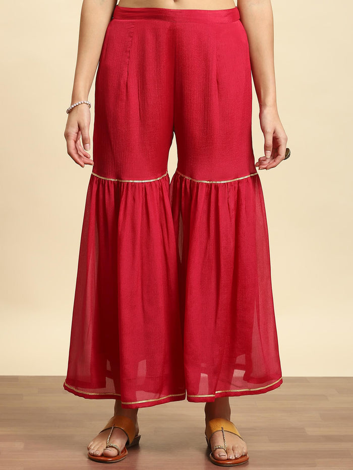 Women Magenta Floral Print Kurta Sharara Dupatta.