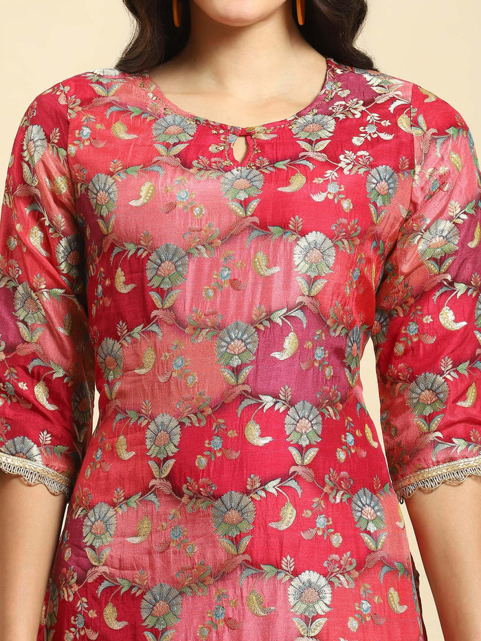 Women Magenta Floral Print Kurta Sharara Dupatta.
