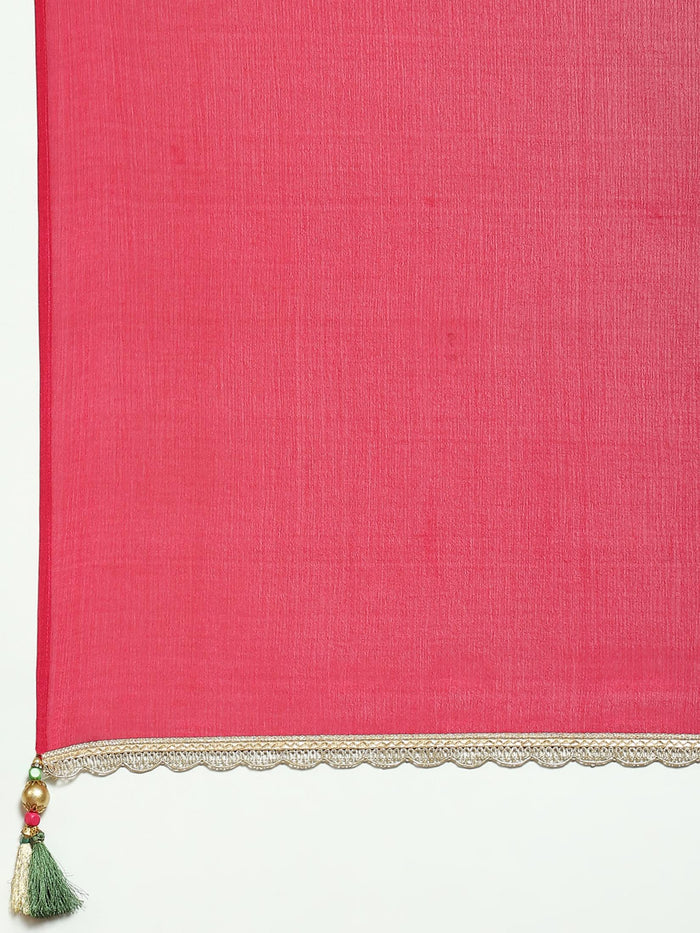 Women Magenta Floral Print Kurta Sharara Dupatta.