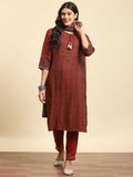 Women Maroon Aztec Print Kurta Trouser Dupatta.
