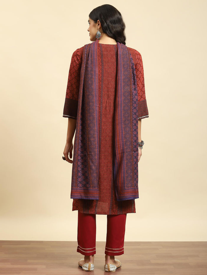 Women Maroon Aztec Print Kurta Trouser Dupatta.