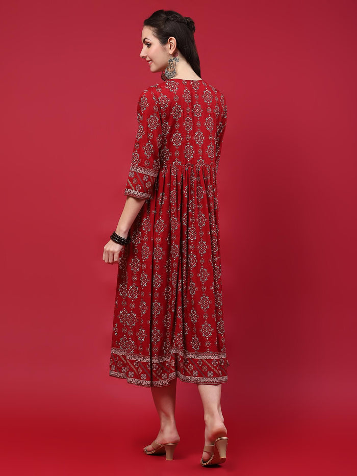 Women Maroon Aztec Printed Dress.