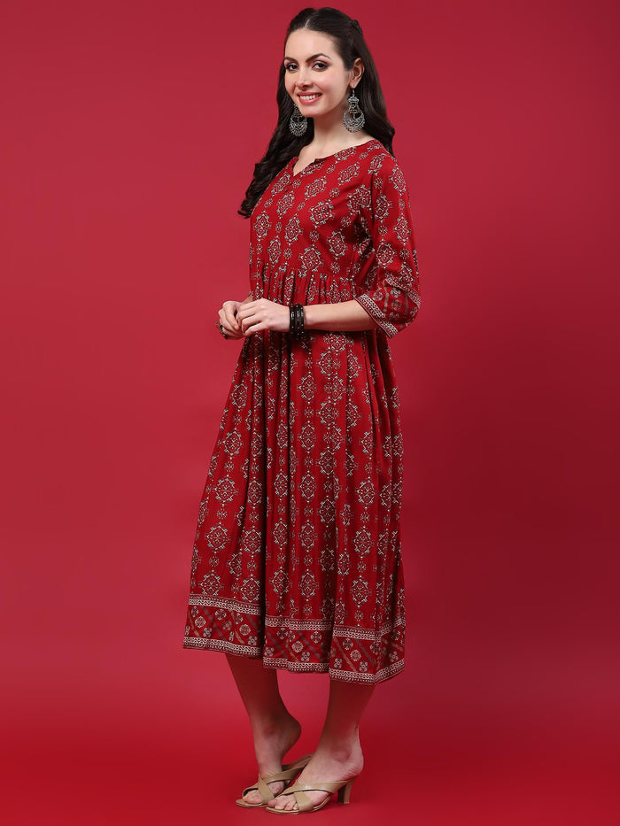 Women Maroon Aztec Printed Dress.