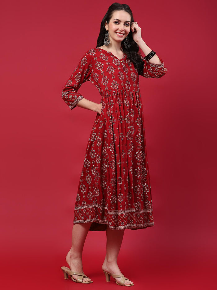 Women Maroon Aztec Printed Dress.