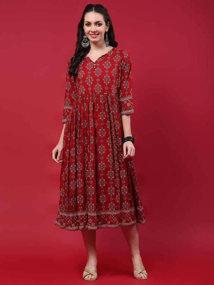 Women Maroon Aztec Printed Dress.