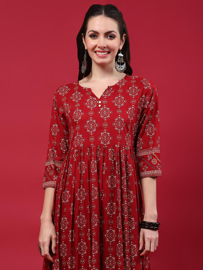 Women Maroon Aztec Printed Dress.