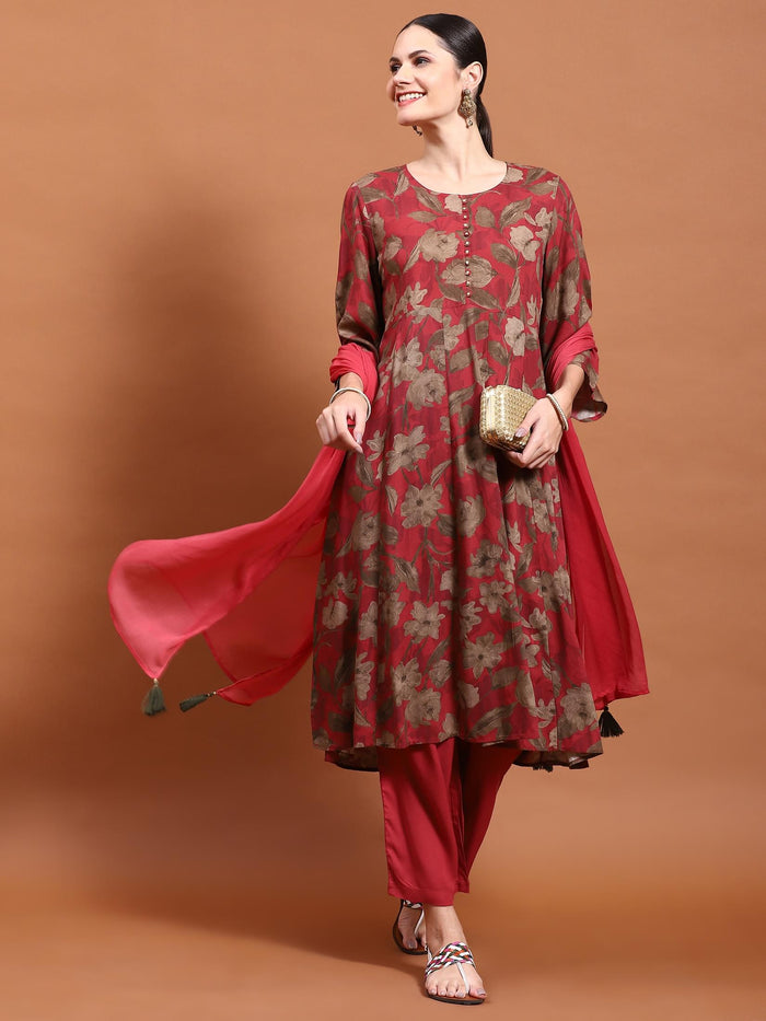 Women Maroon Floral Print Kurta Comfort Pant Dupatta.