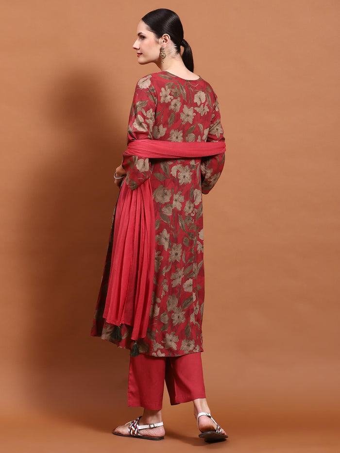 Women Maroon Floral Print Kurta Comfort Pant Dupatta.