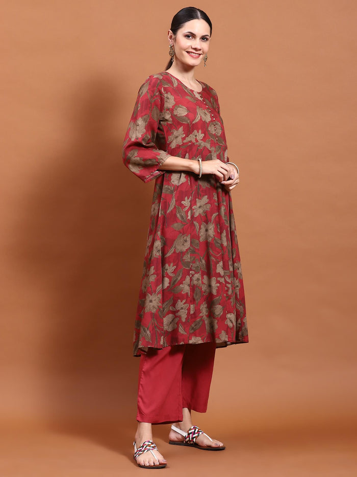 Women Maroon Floral Print Kurta Comfort Pant Dupatta.