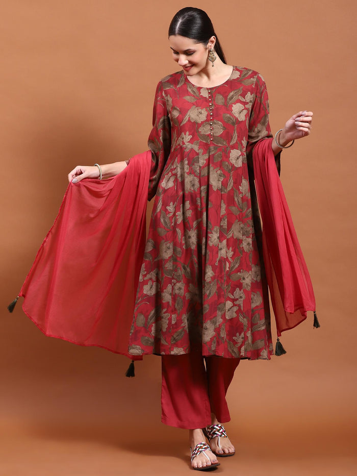 Women Maroon Floral Print Kurta Comfort Pant Dupatta.