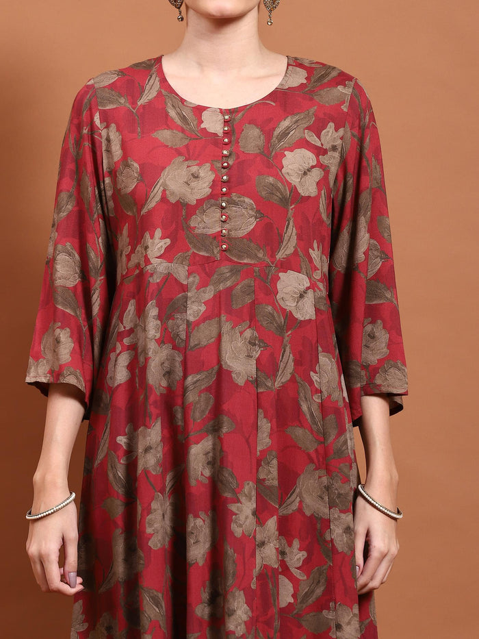 Women Maroon Floral Print Kurta Comfort Pant Dupatta.