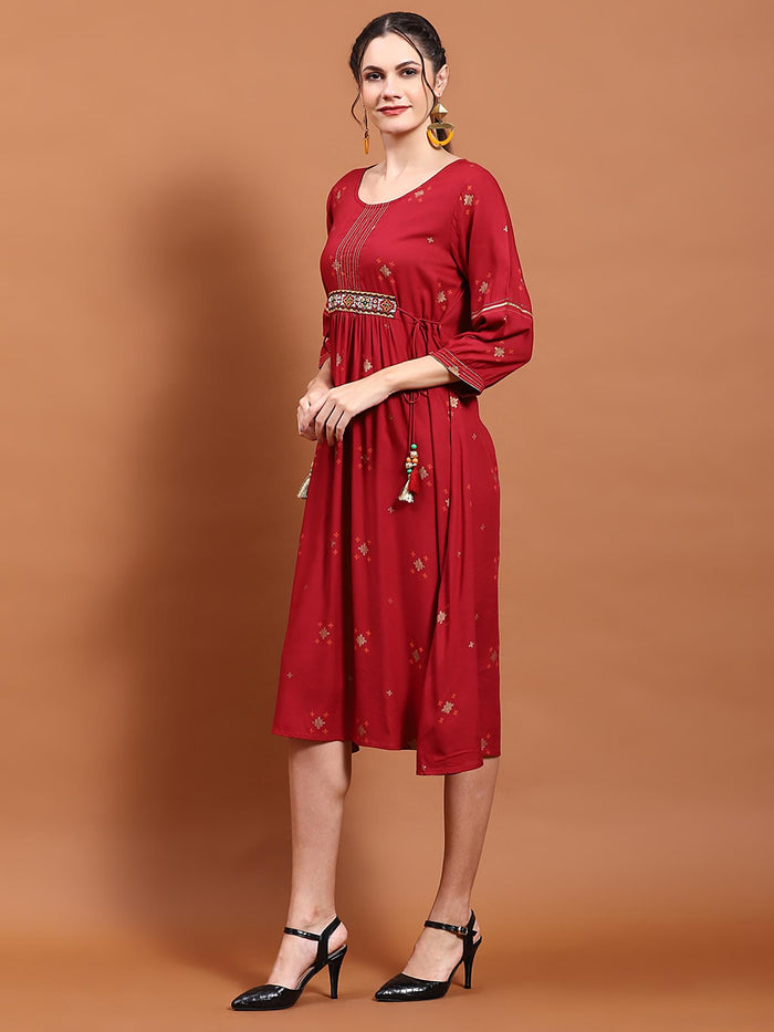 Women Maroon Geometric Print Dress.