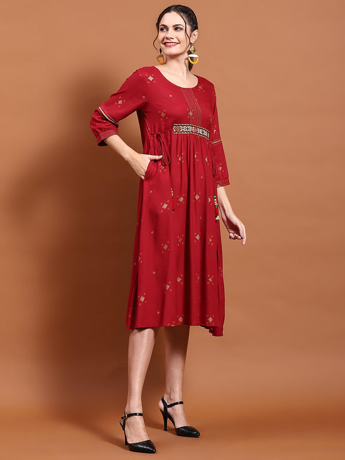 Women Maroon Geometric Print Dress.