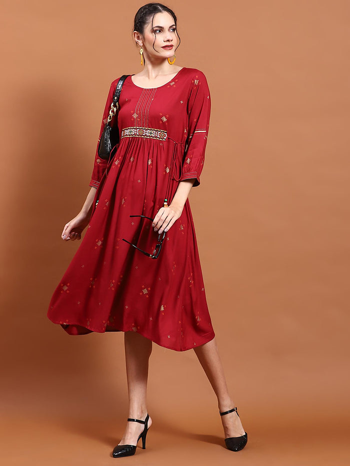 Women Maroon Geometric Print Dress.