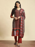 Women Maroon Geometric Print Kurta Comfort Pant Dupatta.