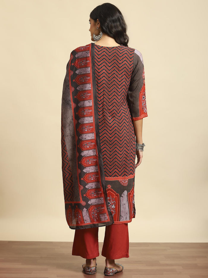 Women Maroon Geometric Print Kurta Comfort Pant Dupatta.