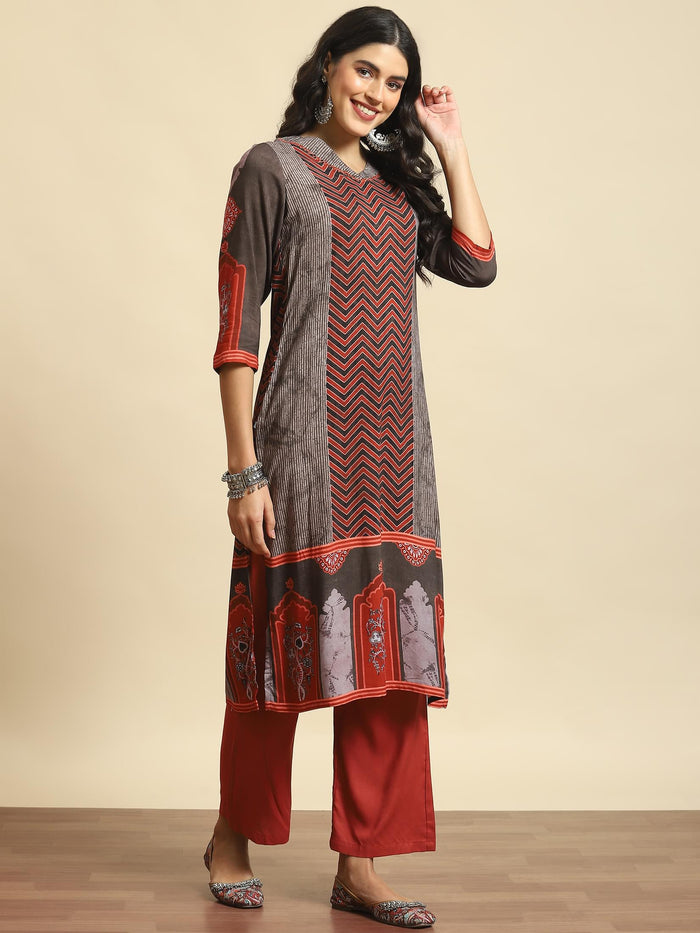 Women Maroon Geometric Print Kurta Comfort Pant Dupatta.