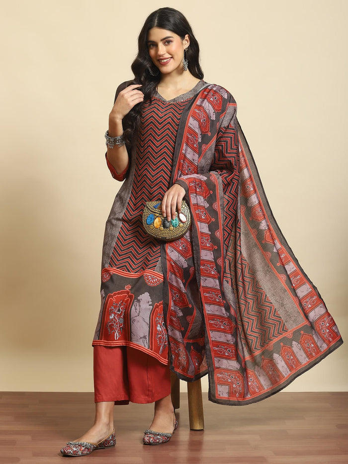 Women Maroon Geometric Print Kurta Comfort Pant Dupatta.