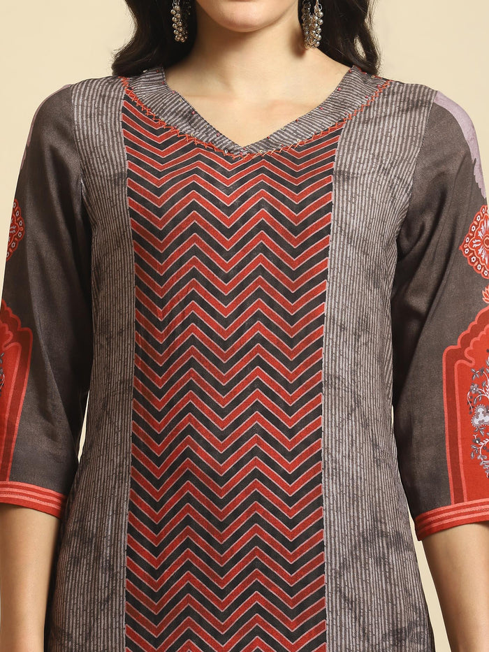 Women Maroon Geometric Print Kurta Comfort Pant Dupatta.