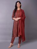 Women Maroon Ornamental Printed Kurta Trouser Dupatta.