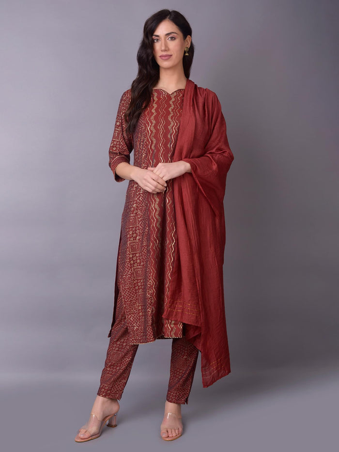 Women Maroon Ornamental Printed Kurta Trouser Dupatta.