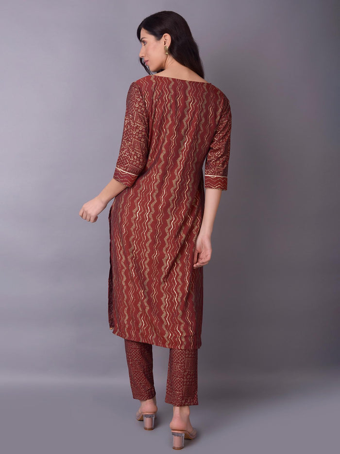 Women Maroon Ornamental Printed Kurta Trouser Dupatta.