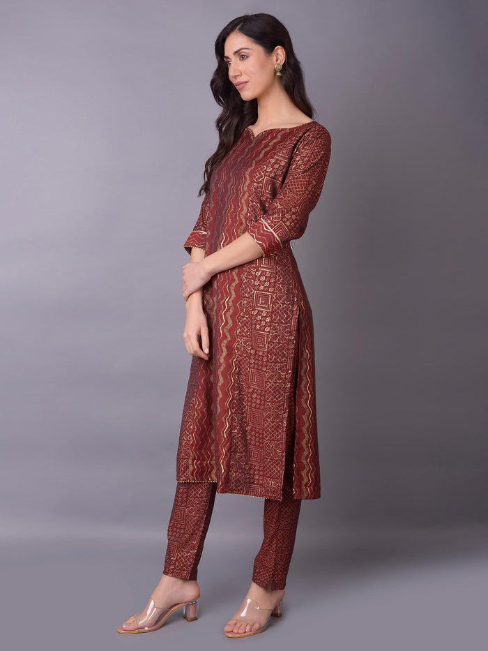 Women Maroon Ornamental Printed Kurta Trouser Dupatta.