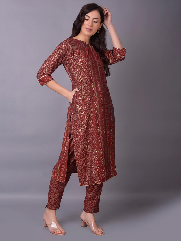 Women Maroon Ornamental Printed Kurta Trouser Dupatta.