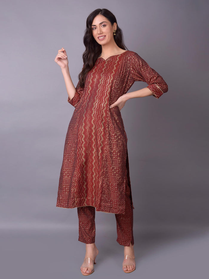 Women Maroon Ornamental Printed Kurta Trouser Dupatta.
