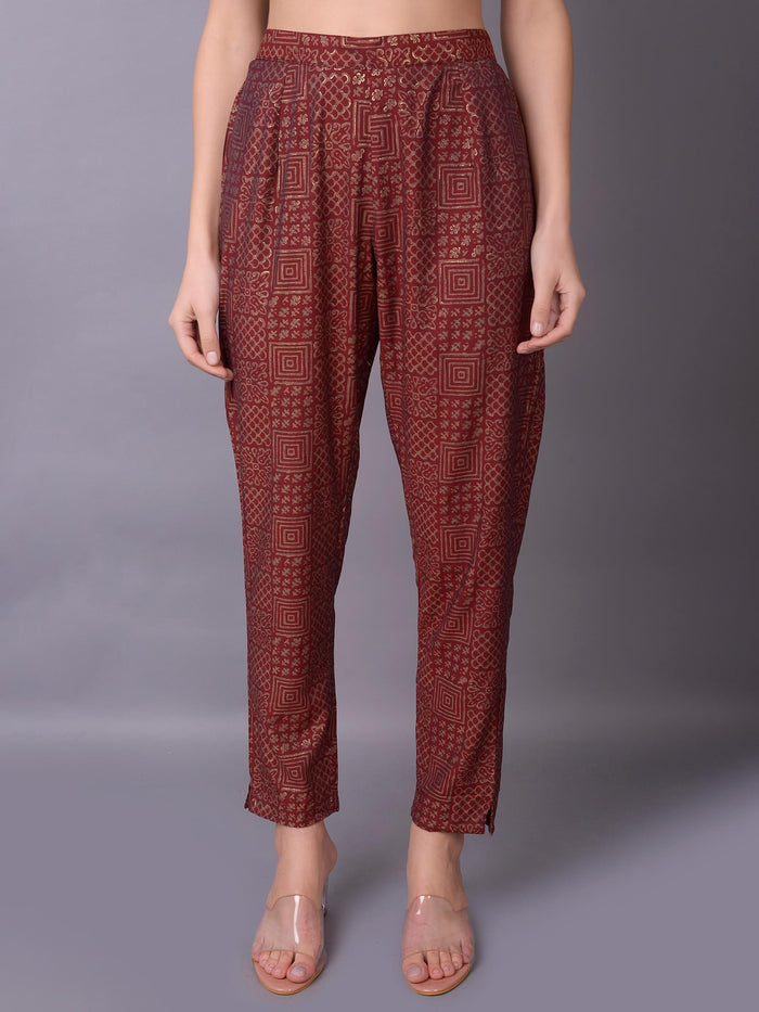 Women Maroon Ornamental Printed Kurta Trouser Dupatta.